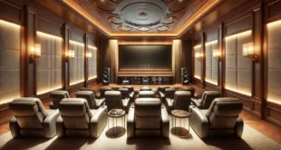 The Modern Home Theater Setup Image With The Large Projector Screen, Leather Recliners, And Cozy Ambient Lighting In A High End Living Room.