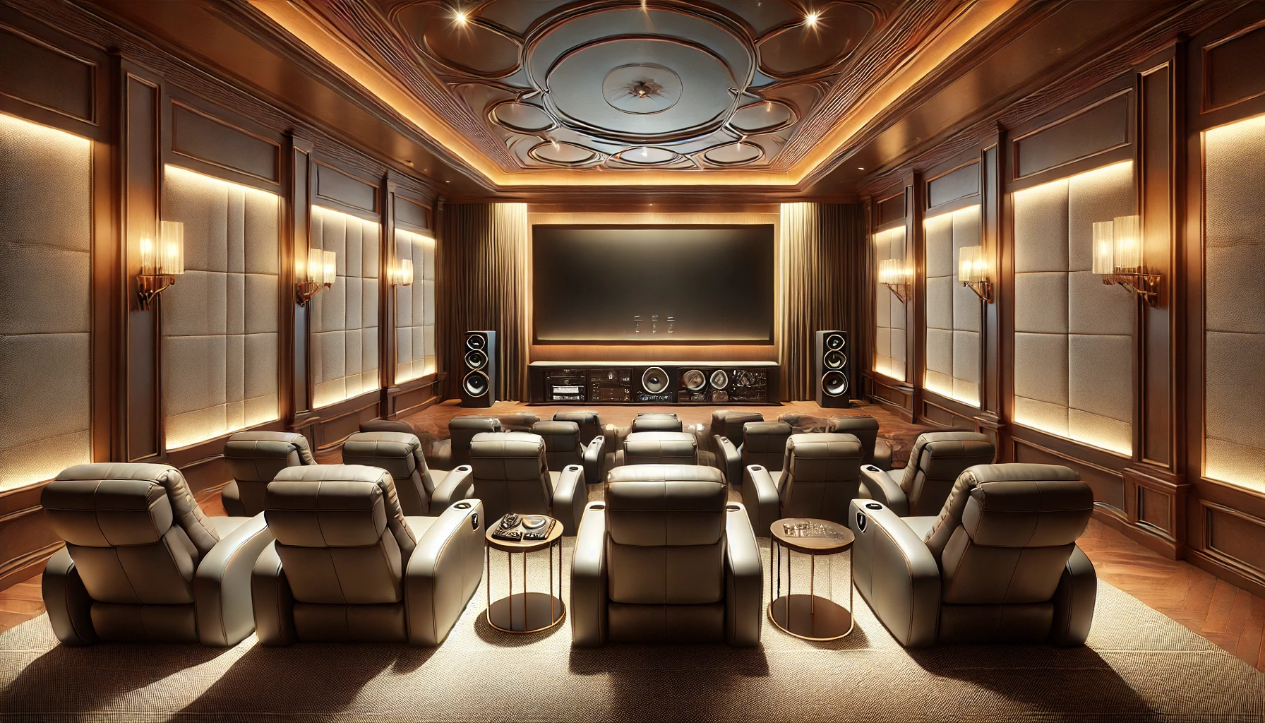 The Modern Home Theater Setup Image With The Large Projector Screen, Leather Recliners, And Cozy Ambient Lighting In A High End Living Room.