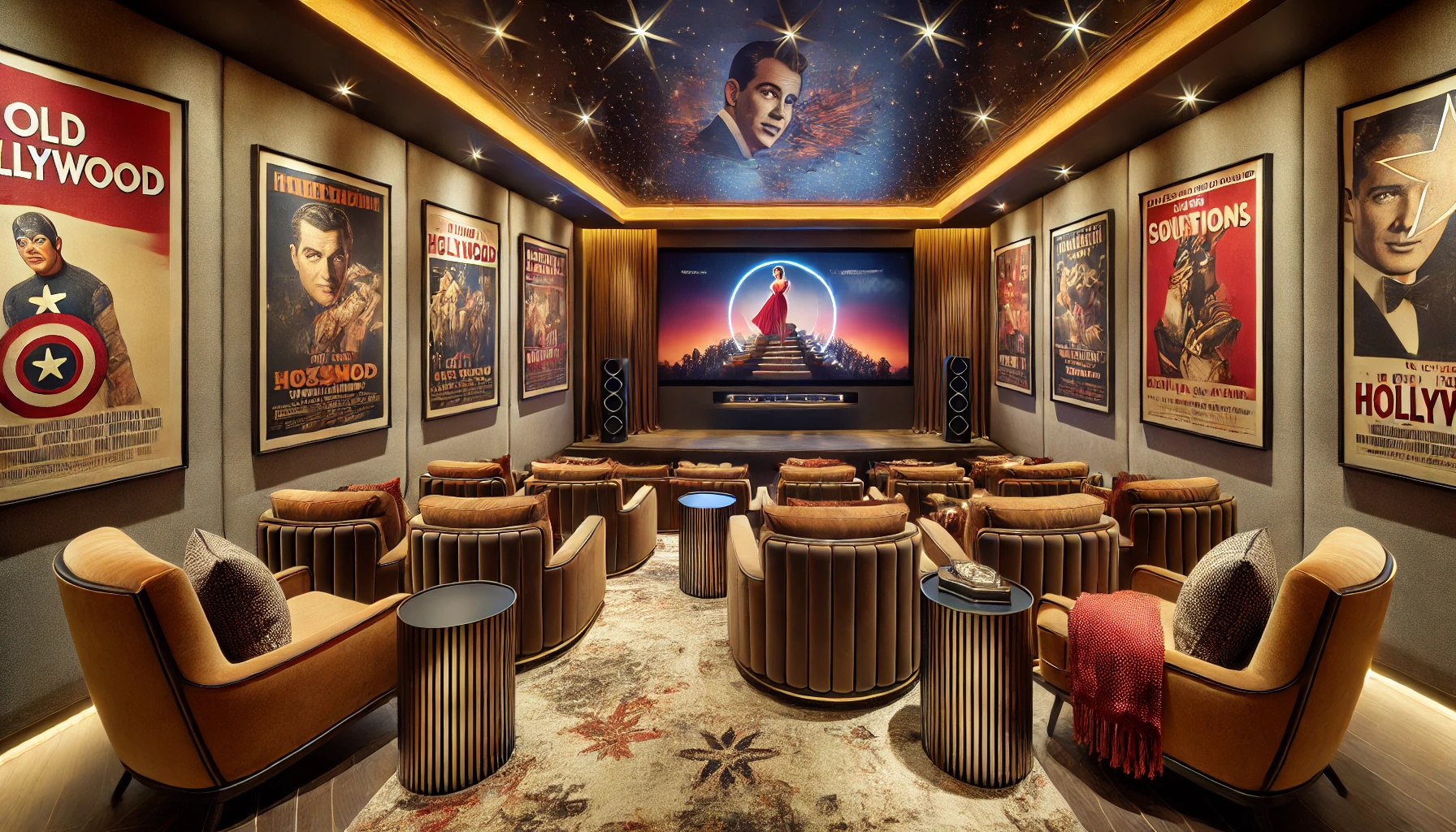 The Modern Home Theater With A Retro Hollywood Theme, Featuring Movie Posters And Luxurious, Stylish Furniture.