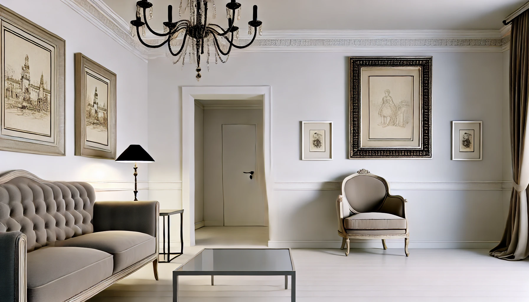 The Modern Living Room With Subtle Victorian Touches, Including A Vintage Armchair, Ornate Chandelier, And Framed Antique Artwork, Blending Sleek Modern Furniture With Historic Details.