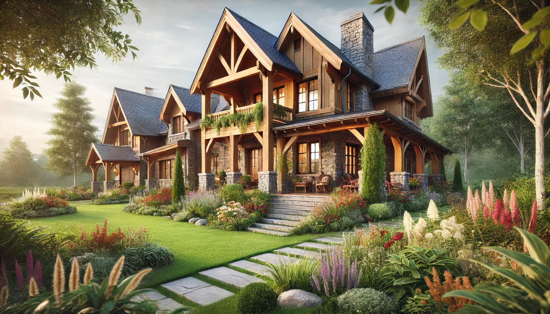 The Picturesque Farmhouse Exterior Featuring Natural Wood And Stone Elements, Surrounded By A Lush Garden That Creates A Timeless And Welcoming Atmosphere.