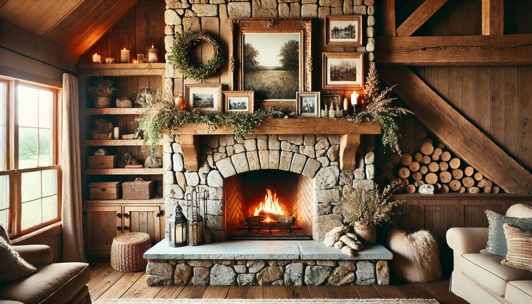 The Rustic Farmhouse Fireplace With A Stone Hearth, Wooden Mantel Decorated With Greenery And Family Photos, And A Cozy Atmosphere Created By Warm Lighting And Soft Textures.