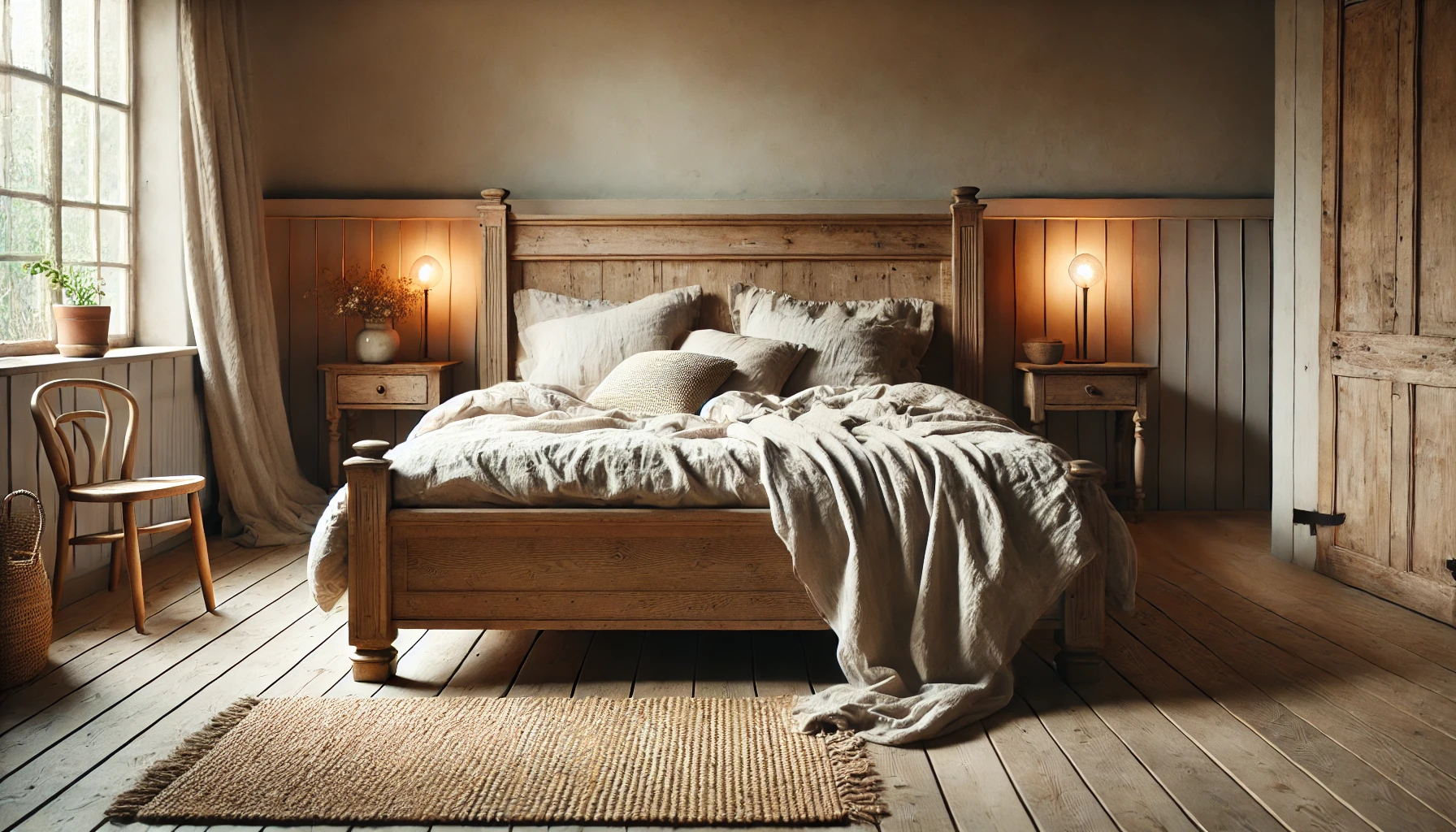 The Serene Farmhouse Bedroom Featuring A Large Wooden Bed Frame, Neutral Linens, Soft Lighting, Vintage Nightstands, Distressed Wooden Floors, And Woven Rugs.