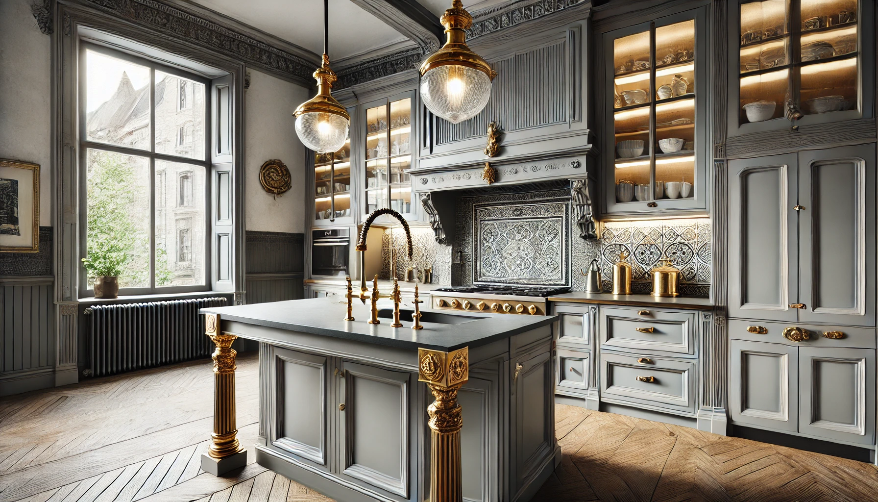 The Sleek Modern Kitchen With Victorian Details Like Antique Brass Faucets, Vintage Style Tiles, And Period Inspired Pendant Lights. It Blends Modern Functionality With Timeless Victorian Elegance.