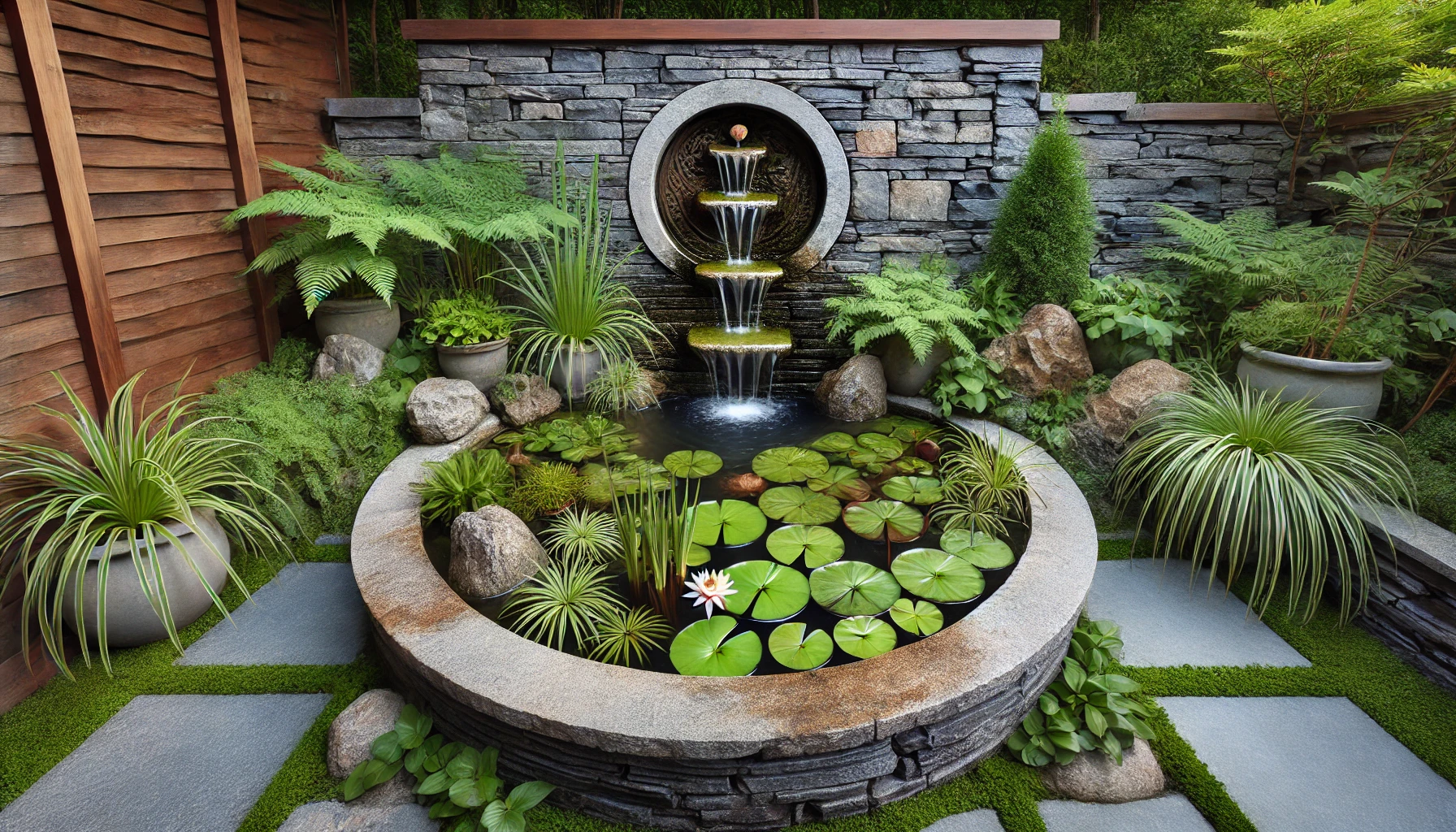 The Small, Elegant Garden Pond With Aquatic Plants And A Serene Wall Fountain, Creating A Peaceful Outdoor Retreat.