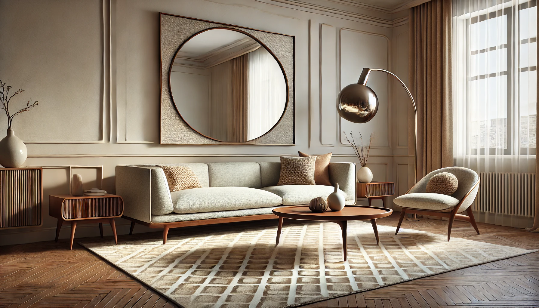 The Stylish Mid Century Modern Living Room Featuring Clean Lined Furniture, A Beige Sofa, A Wooden Coffee Table With Sleek, Tapered Legs, And Elegant Geometric Patterned Decor