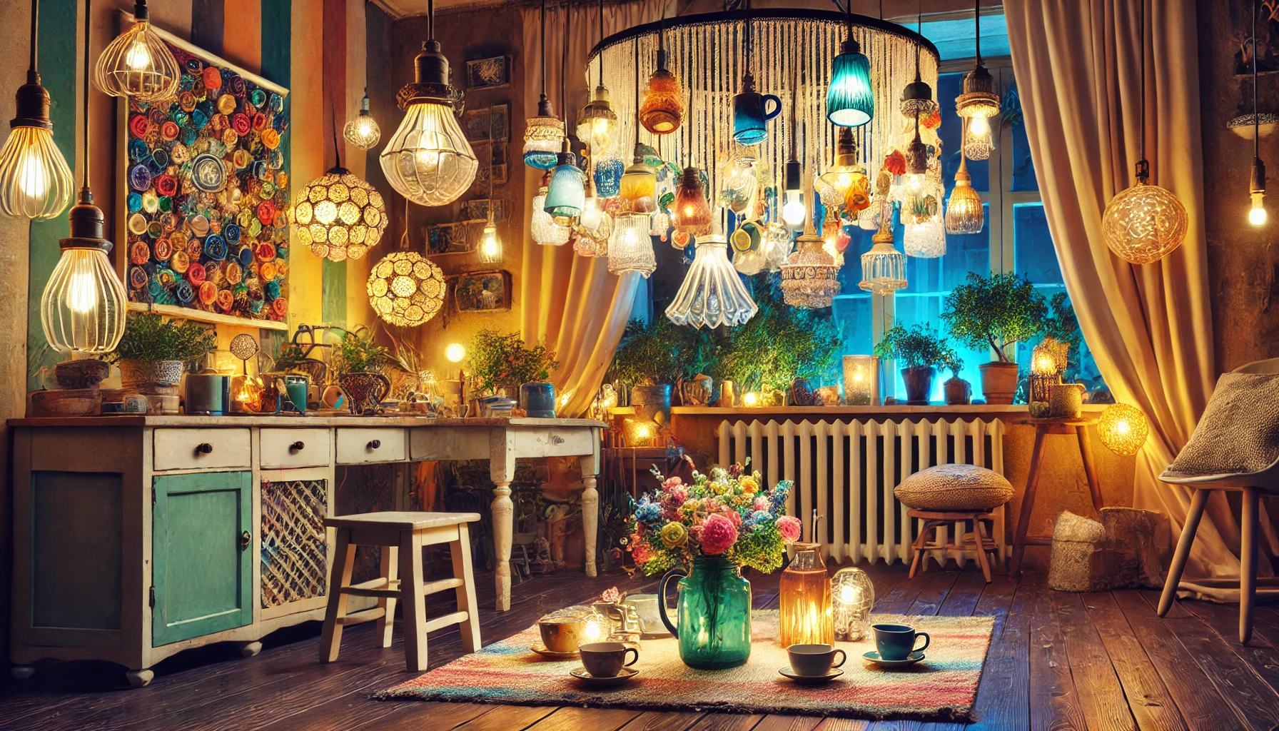 The Vibrant And Artistic Scene Showcasing A Variety Of Diy Lighting Fixtures Made From Upcycled Materials In A Cozy Home Interior.