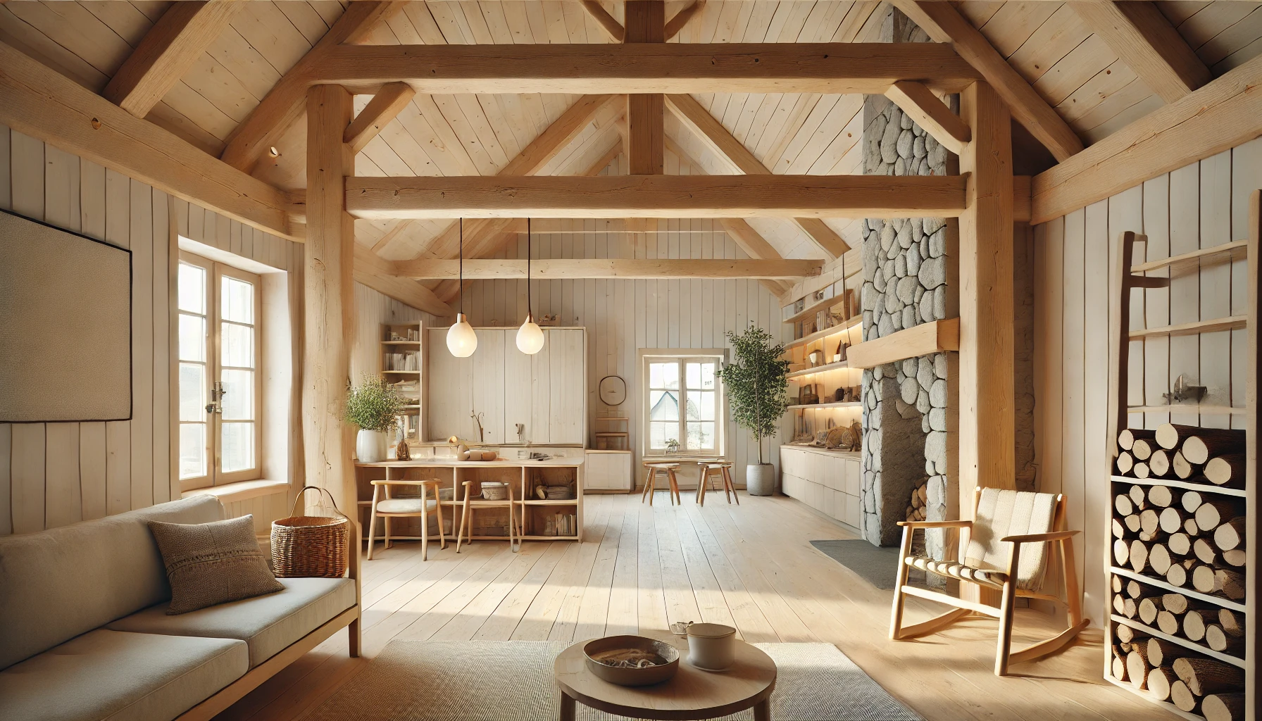 Traditional Scandinavian Home Featuring Light Wood Accents, Minimalist Furnishings, And Natural Elements Like Stone And Wood, Combined With Modern Lighting To Balance Tradition And Innovation.