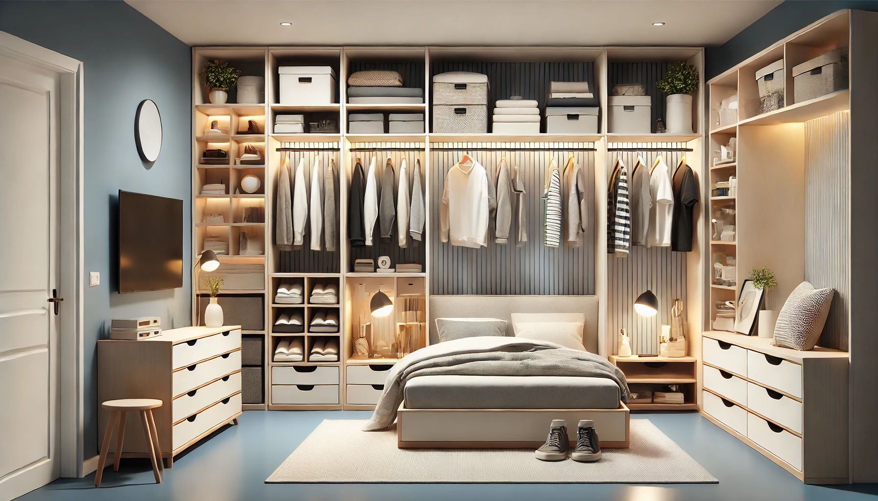 well-organized bedroom with smart storage solutions, including built-in shelving, a storage bed, and neatly arranged wardrobes.